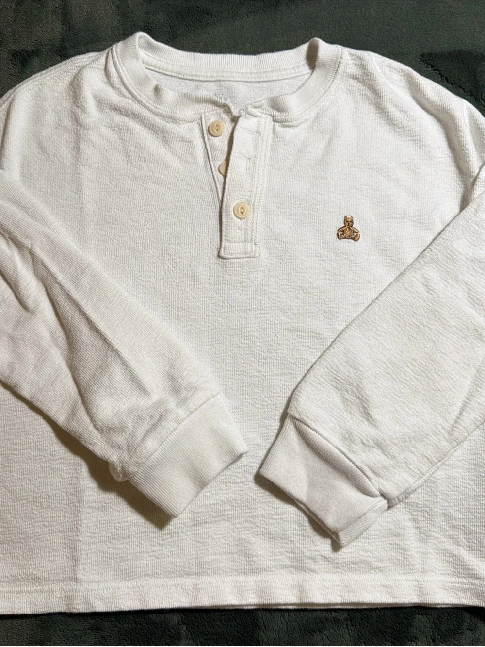 GAP Cream Long-Sleeve Henley with Tiny Bear Embroidery